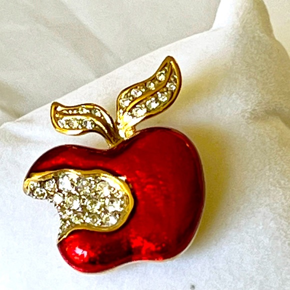 Bright Red Apple and Schoolhouse Pins Red Enamel Rhinestones Gold Silver Tones - Picture 6 of 8